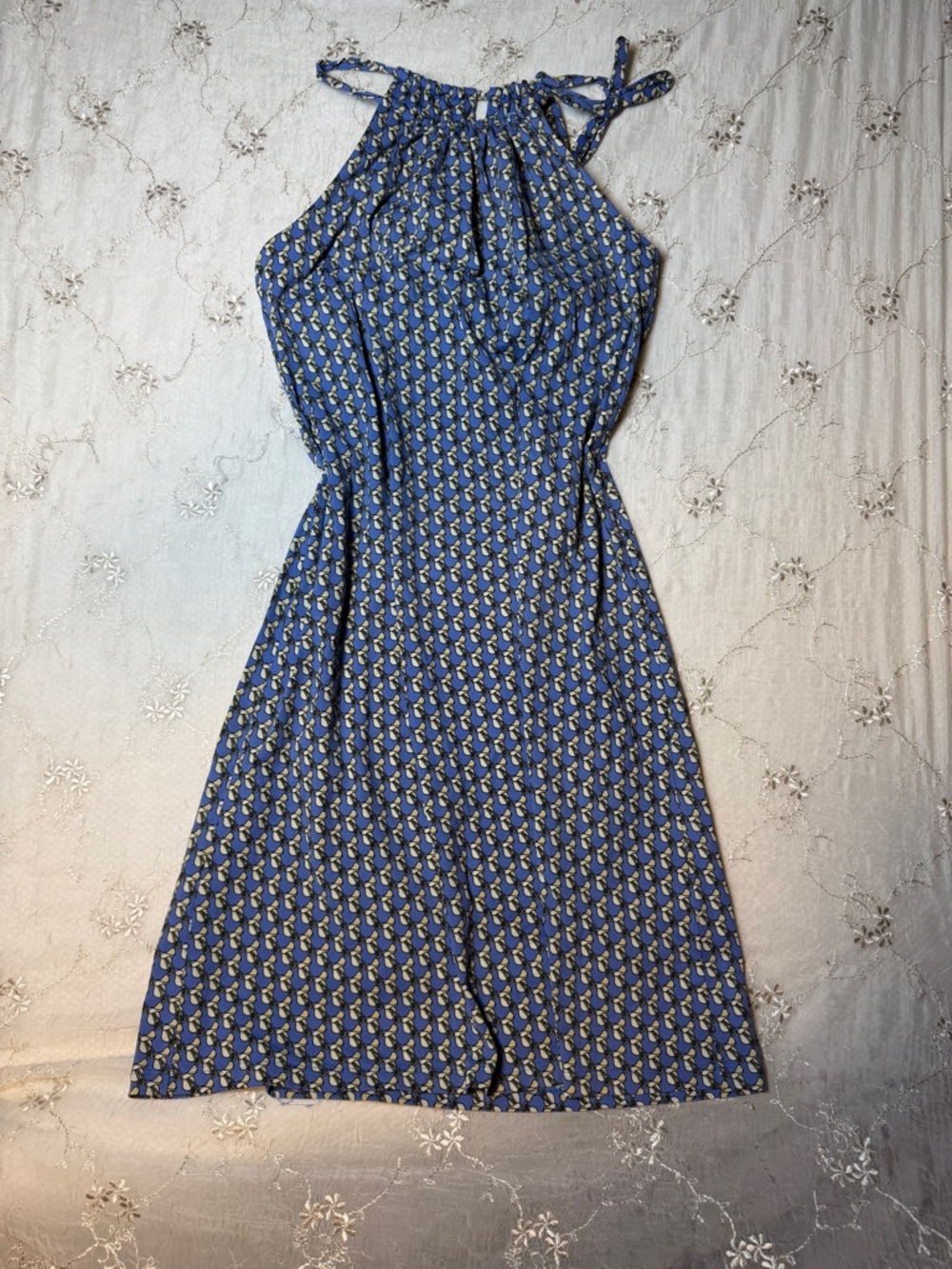 j. mclaughlin blue saddle print halter midi dress – size small